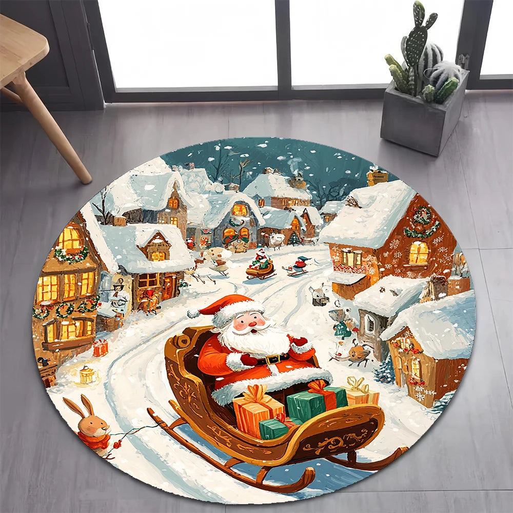 Cute Santa Claus Merry Christmas Tree Cartoon Festival Gift Round Carpet Rug for Bedroom Living Room Decoration,Decor Floor Mat