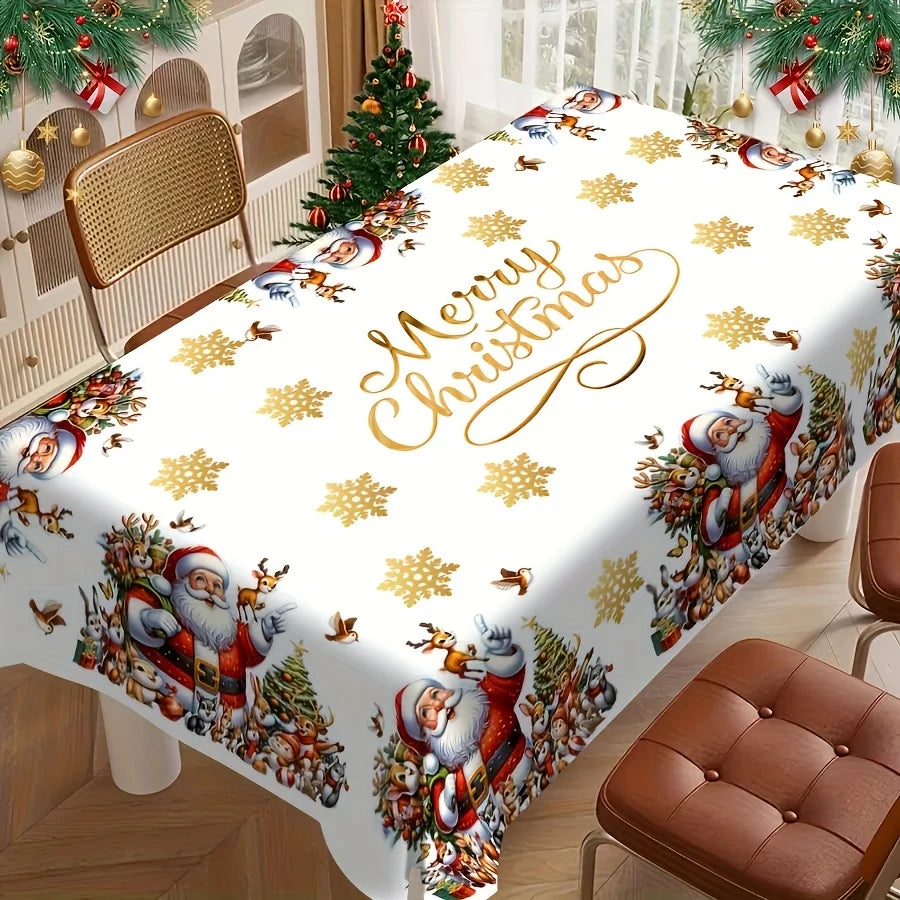 Merry Christmas Themed Santa Claus Snowflakes Tablecloth for Table Decor Winter Xmas Reindeer Table Cloth Christmas Decorations