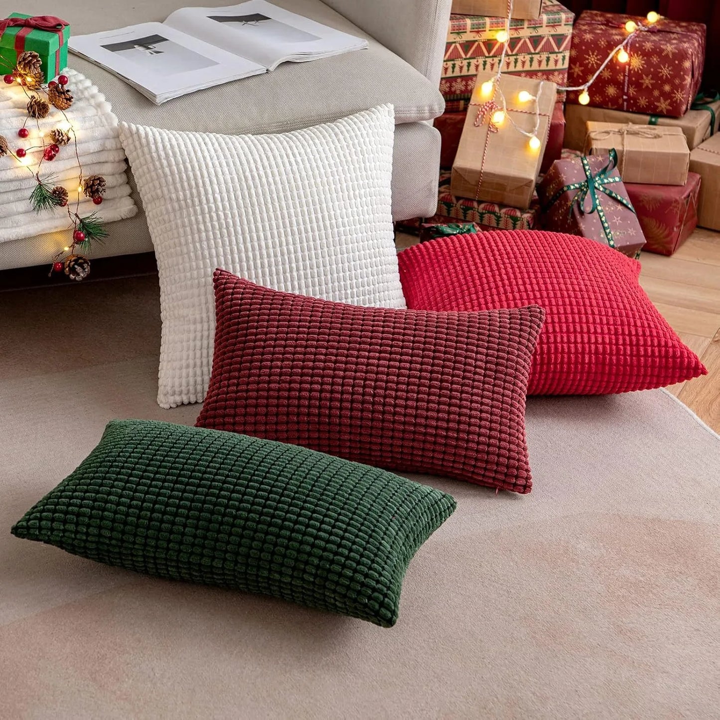 Christmas Red Throw Pillow Covers Decorative Christmas Pillow Covers Soft Corduroy Lumbar Pillow Covers, Cushion Case Home Decor