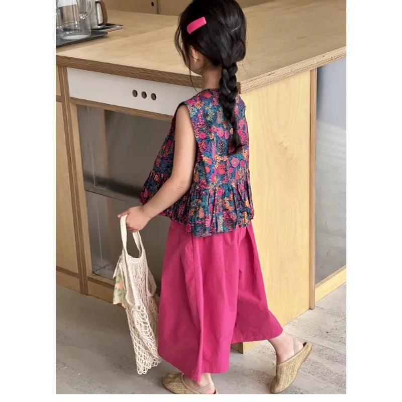 New Summer Infant Baby Girl 2PCS Clothes Set Cotton Floral Print Sleevelss T-shirt Suit Solid Soft Wide Leg Pant Kid Girl Outfit