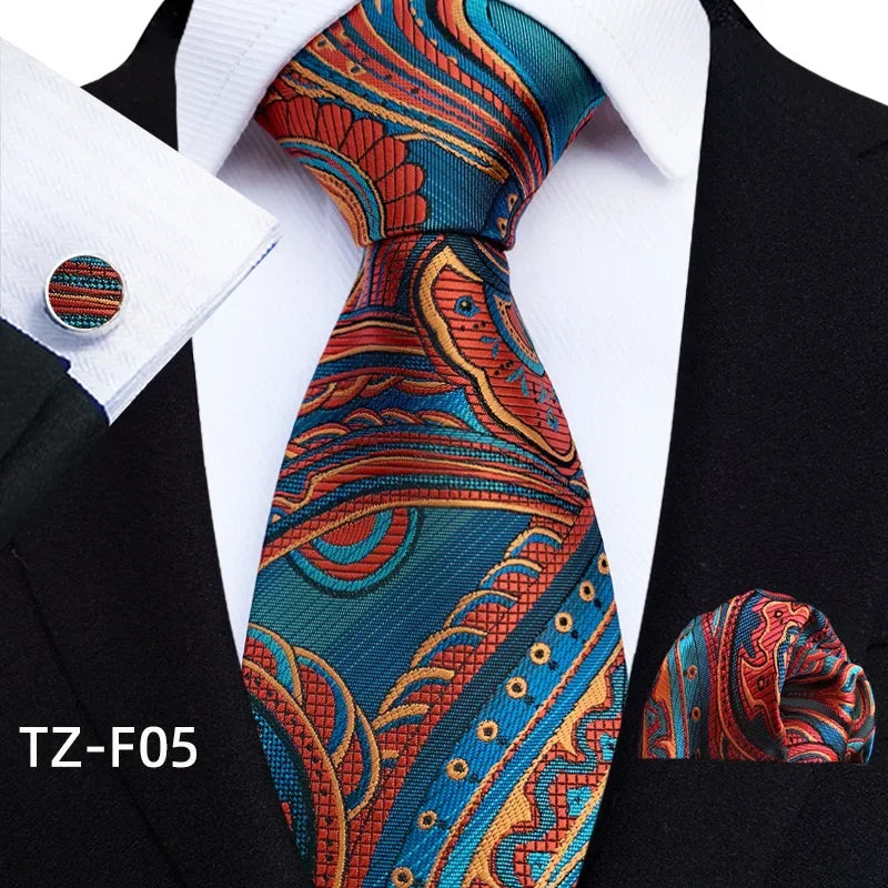 Luxury Mens Ties Floral Black Gold Ties Paisley Grid NeckTie Pocket Square Cufflinks Set Men's Wedding Party Tie