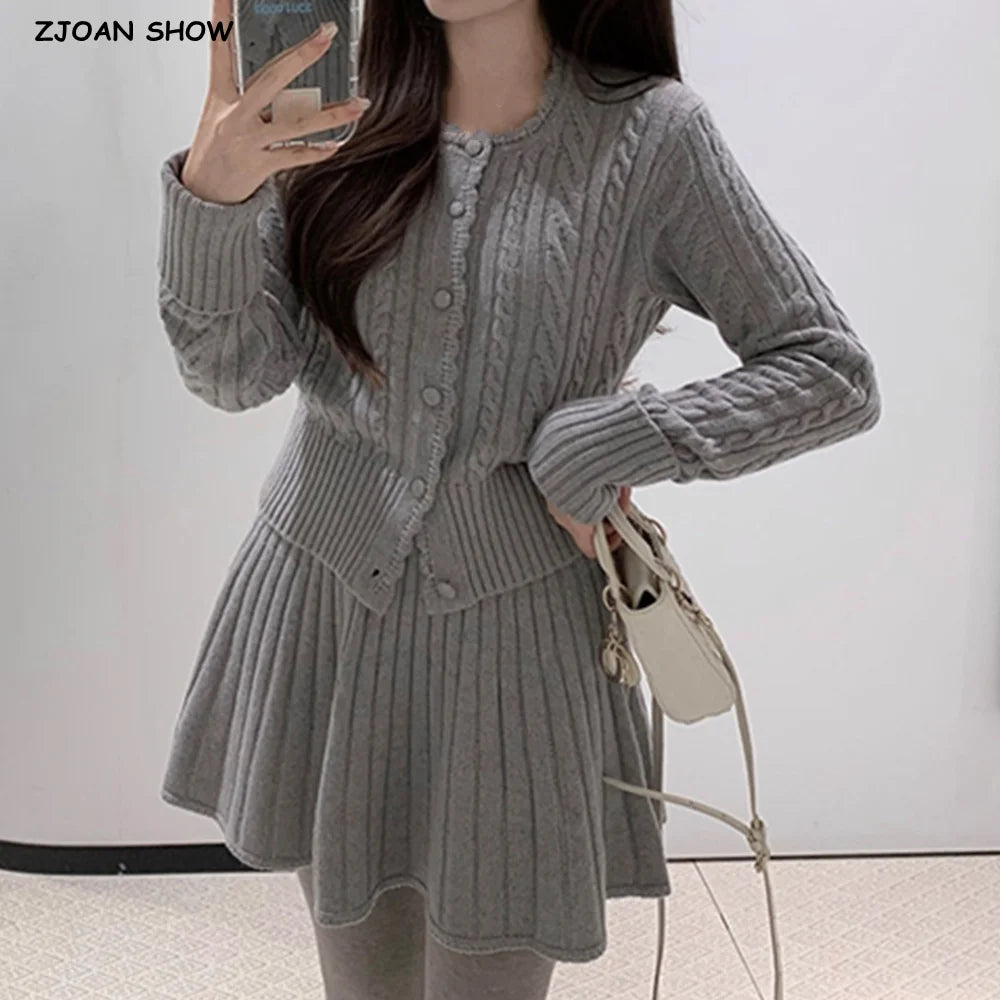 ZJOAN SHOWCN O-Neck Cardigan Set - Knopfverschluss Kurzrock Elastischer Bund Grau Khaki Größe Regular Extra-Heavy