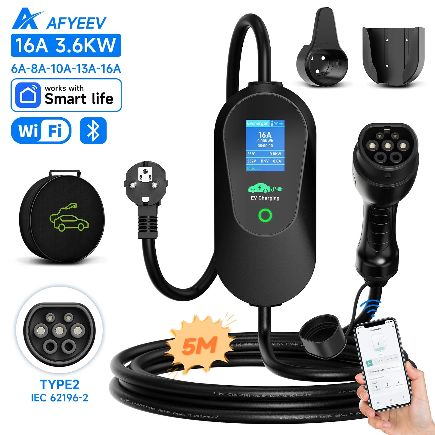 Elektroauto Ladegerät 2025 - AFYEEV 3600W Portable Type-2 EV Ladestation - WiFi Bluetooth App Steuerung Smart Charging