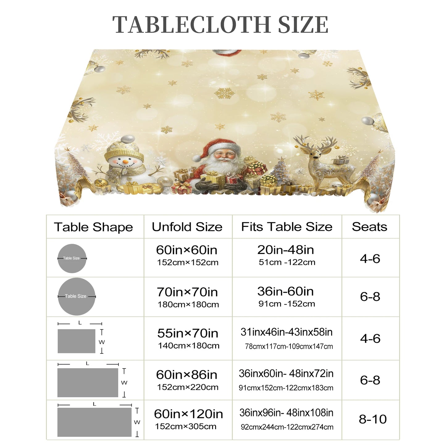 1 Piece Christmas Round and Rectangular Tablecloth, Various Sizes, Santa Claus and Elk Print Pattern Retro Gold and White Tablecloth, Christmas Garden Tablecloth Decoration, Tablecloth for Daily Home Kitchen, Terrace, Gift
