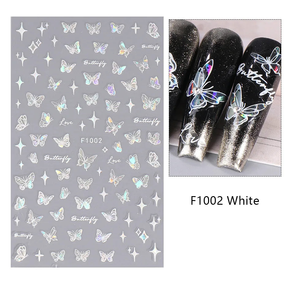 New Spring Fresh Flowers Butterfly 3D Nail Stickers Colorful Laser Butterflies Geometric Pattern Stickers Nail Decoration 1PCS