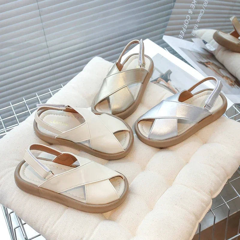 Girls Flats Solid Color Trendy Kids Sandals Hook&loop Adjustable 2025 Summer New Boys Fashion Beach Shoes Hollowed-out Chic