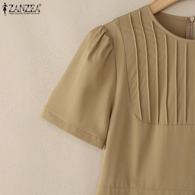 Elegant Office Lady Dresses 2025 Summer Dress ZANZEA Women Elegant Short Puff Sleeve Pleated Party Vestidos Knee Length Robe
