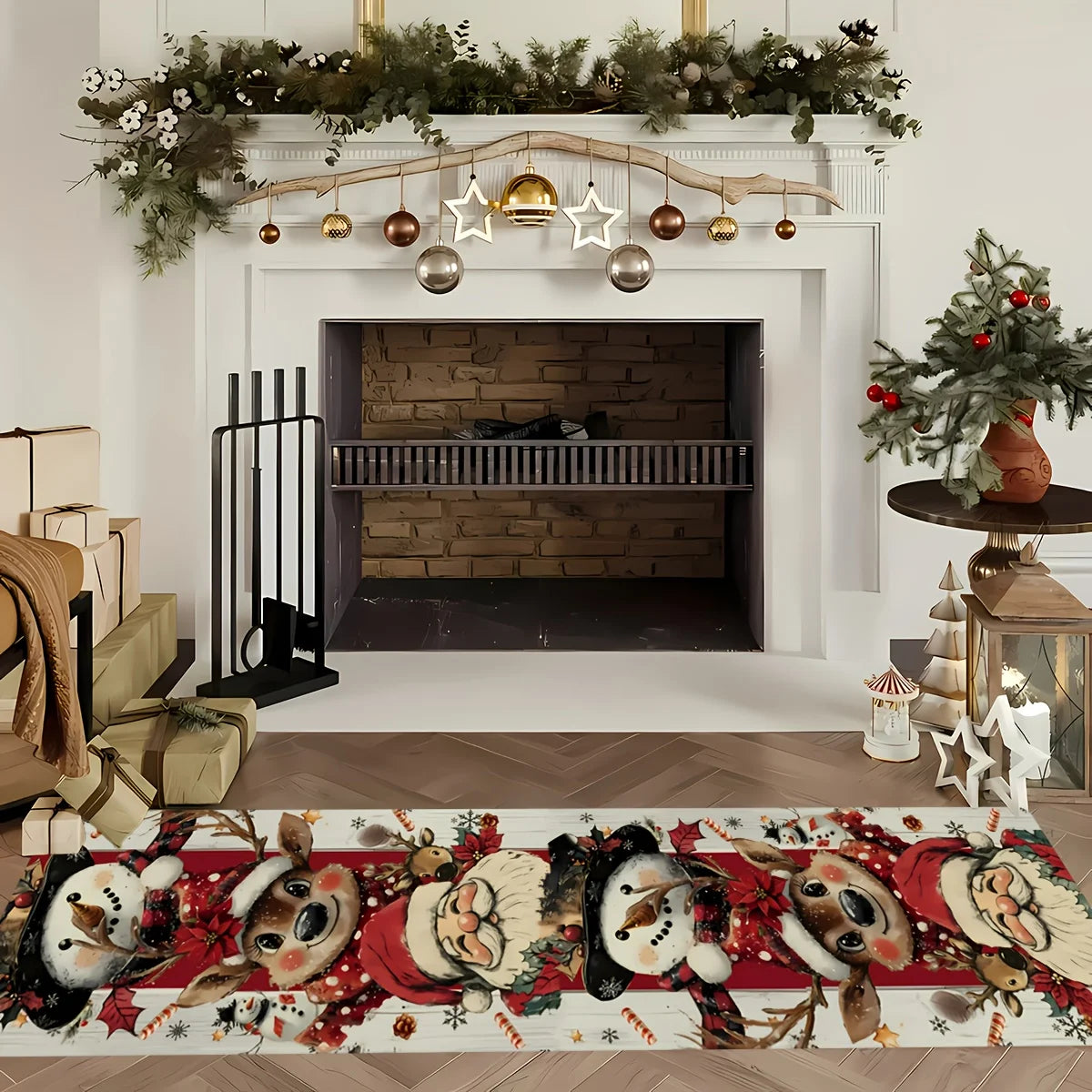 Extra-Long Red & Golden Christmas Runner Mat Long Christmas Runner Rugs Washable Balcony Carpet Home Decor Floor Mat for Hallway