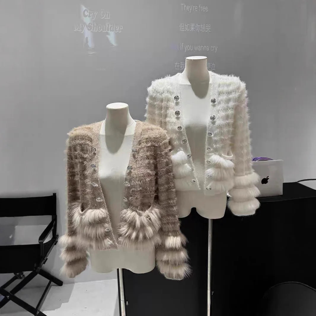 Seoulia V-Ausschnitt Pailletten-Pulli - Gr. M, Stretch, lang