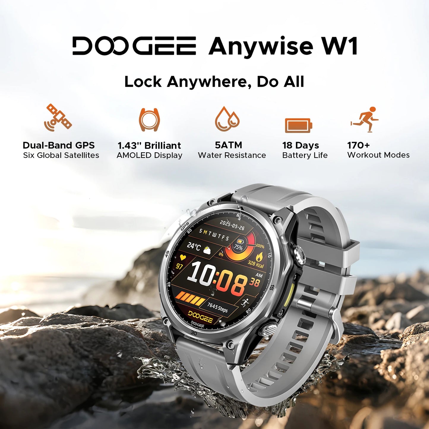 DOOGEE Anywise W1 Wasserdicht - Display 1,43 Akku 550 mAh, Maß 47,5 mm