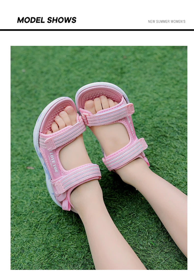 Sandalen Mädchen 2025 - Weiche Sohlen Casual Schuhe Modische Prinzessin - Neue Blumen Rosa Flache Schuhe Rutschfest Strand Kinder 7-13J