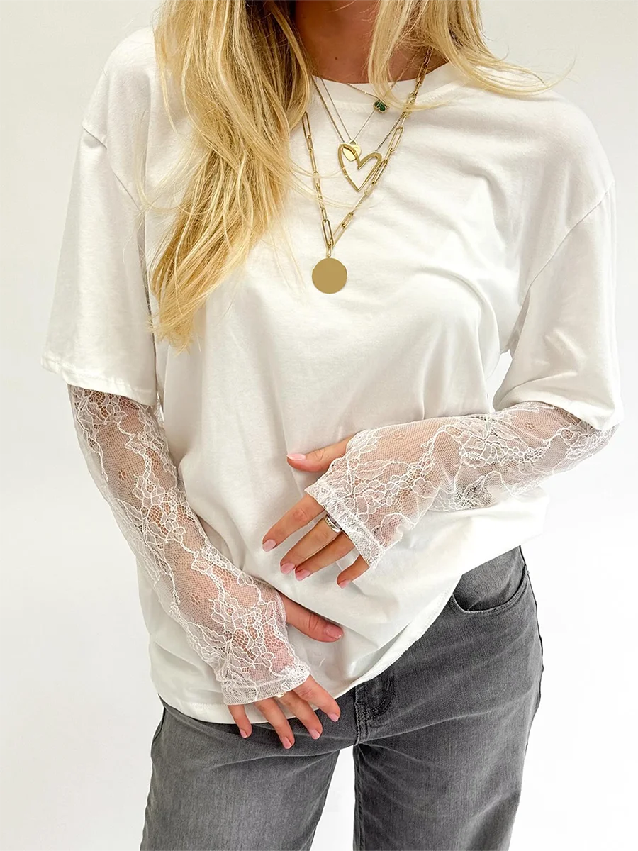 T-Shirt 2025: hirigin Women Round Neck T-Shirt Lace Long Sleeve Casual Shirts - Spring Fall Loose Fit Tops Ladies Solid Color Tee for Streetwear Y2K 00s Collection