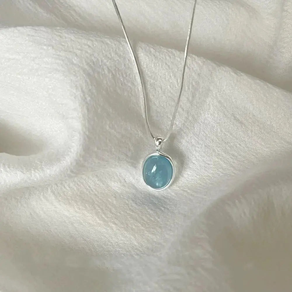 Silver Color Oval Aquamarine Pendant Necklace Ladies Girls Luxury Snake Chain Necklace Fashion Jewelry Gifts For Women New 2024