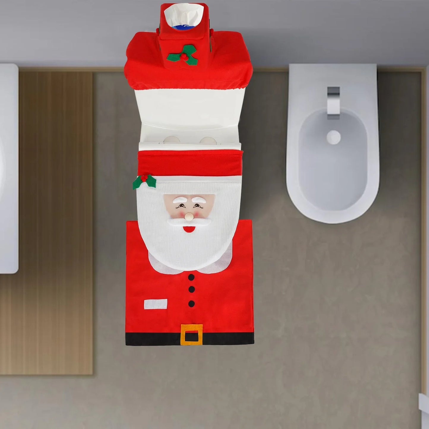 1-5Sets Christmas Toilet Seat Cover Santa Claus Bathroom Decor Set with Toilet Lid Mat and Tank Cover for Holiday Home Decor