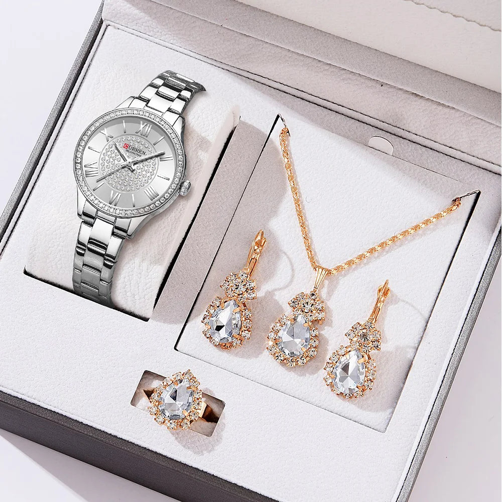CURREN Luxus Uhr Damen Ring Halskette Ohrringe - Strass Mode Armbanduhr Weiblich Casual Damen Uhren Armband 5-teiliges Set