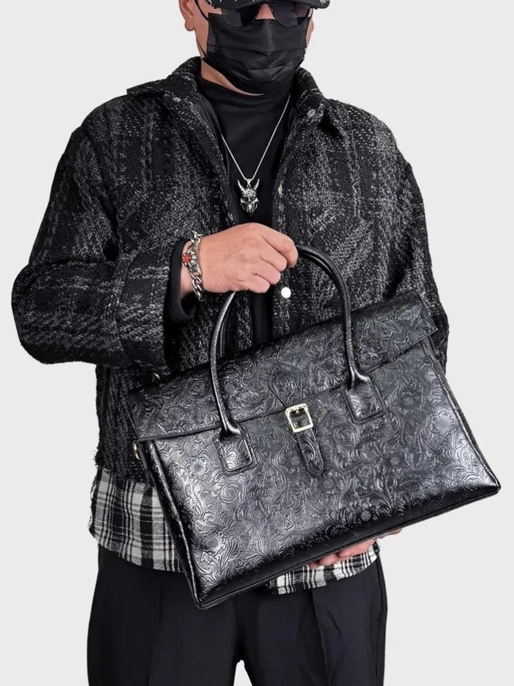 Vintage flower carved leather bag  single shoulder briefcase & business satchel