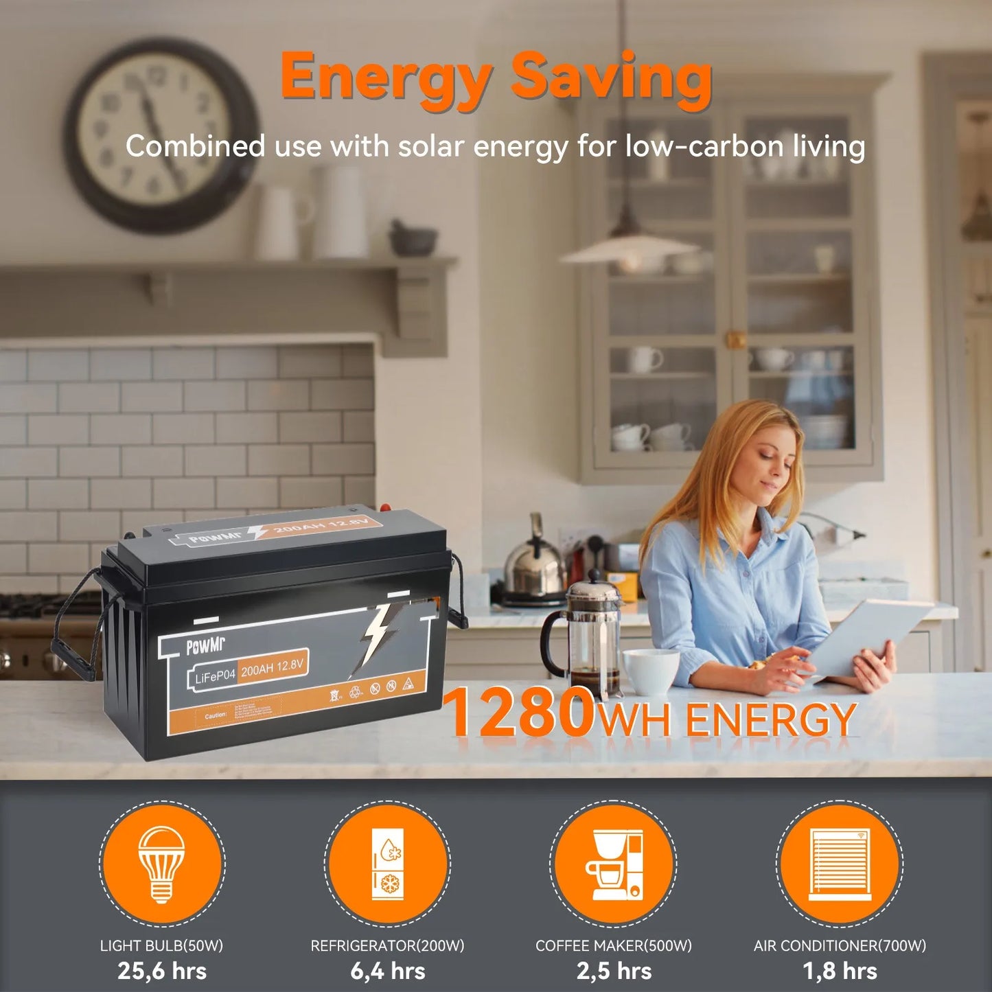 PowMr 12,8V 200AH LiFePO4-Batterie wiederaufladbar Grade A-Zellen 2560WH eingebauter BMS 6000+ Zyklus Heim-Lithium-Batterie-Energiespeicher
