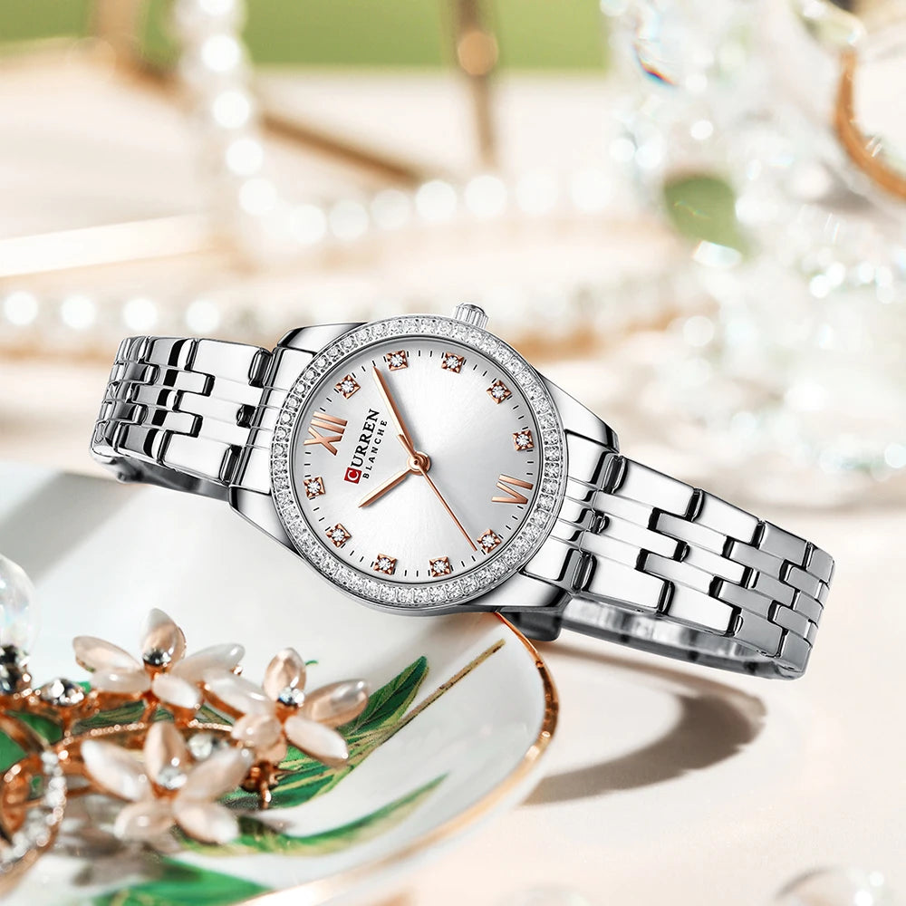 CURREN Luxus Uhr Damen Ring Halskette Ohrringe - Strass Mode Armbanduhr Weiblich Casual Damen Uhren Armband 5-teiliges Set