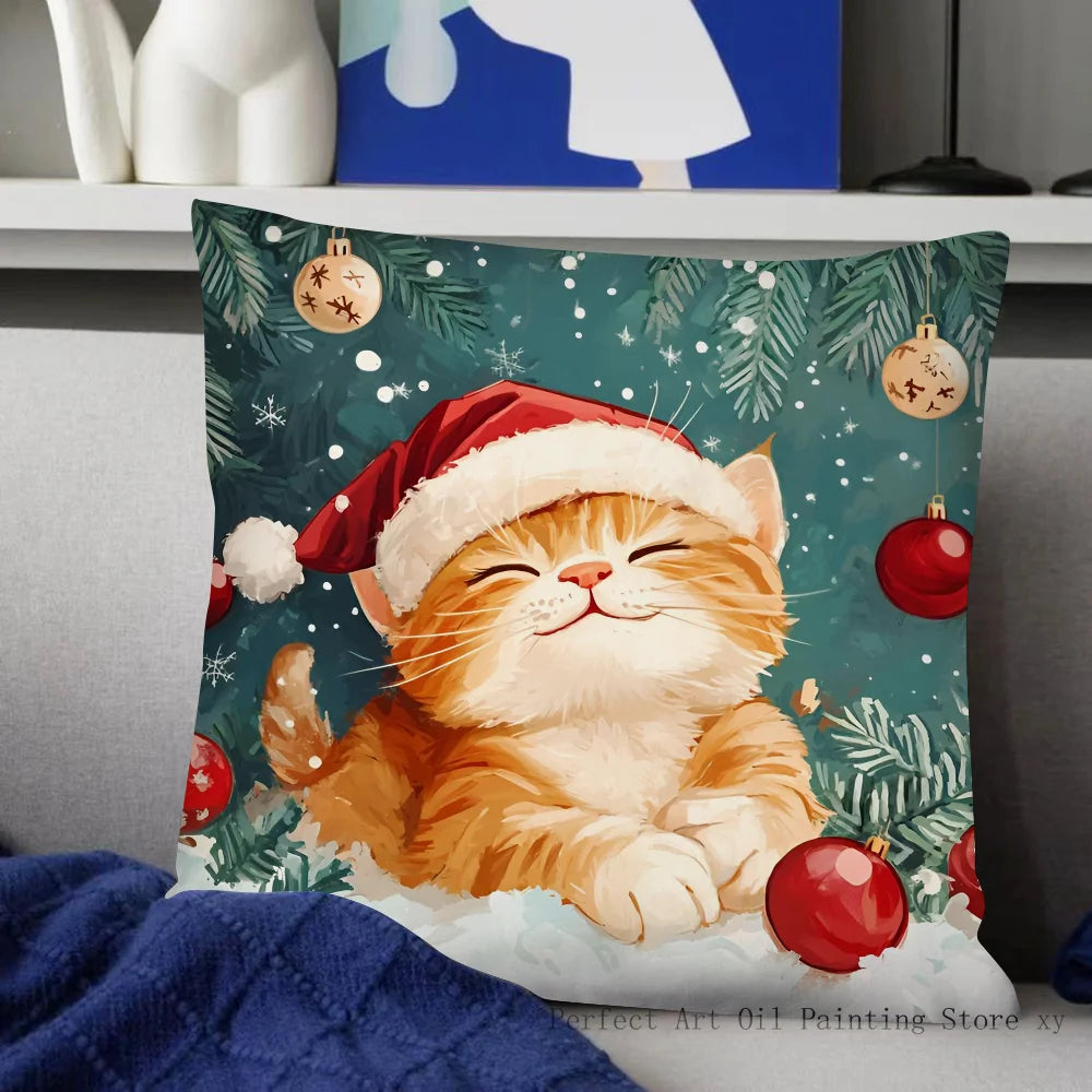 Christmas Cat Pillow Case Fashion Square Pillowcase Bedroom Sofa Room Ins Decoration Leisure Cushion Cover 40x40