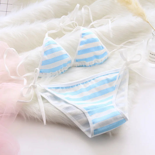 Japanische Lingerie 2025 - Lolita Kawaii Blau Pink Weiß Gestreift Mini-Bikini Cosplay BH Set