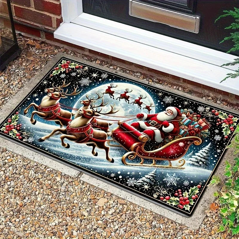 1PC Christmas Decorations Santa Claus and Reindeer Mat Mat Suitable for Home Entrance, Kitchen, Living Room, Bedroom