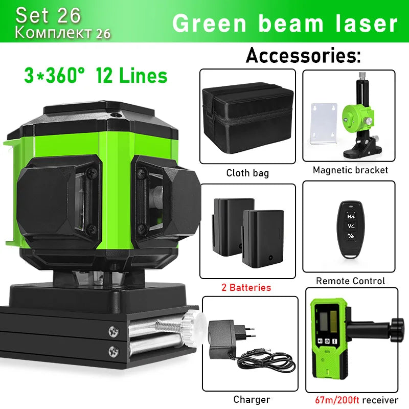 CLUBIONA 16/12 lines Self-leveling Remote Control Outdoor Mode - Receiver Auto 3x360 Green beam Line Laser Level