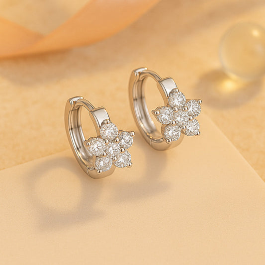 Cercei din argint 925, cercei rotunzi cu o mică floare din zirconiu cubic