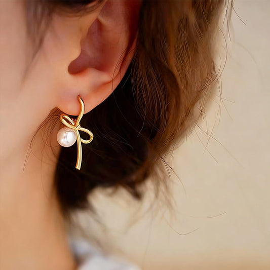 Cercei din argint 925, cercei rotunzi cu perlă și fundă