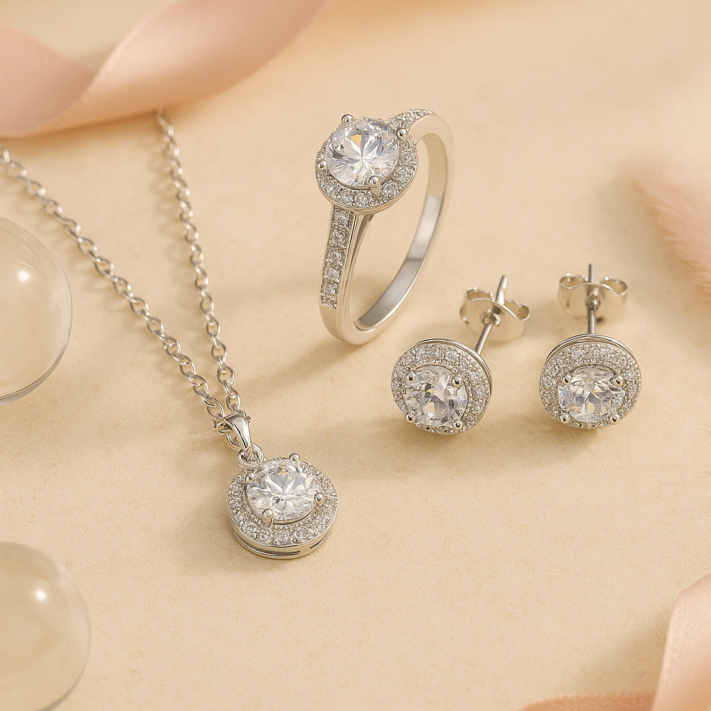 AuroraSilber Schmuckset Rundsteine - Kettenlänge 45 cm, Silber 925