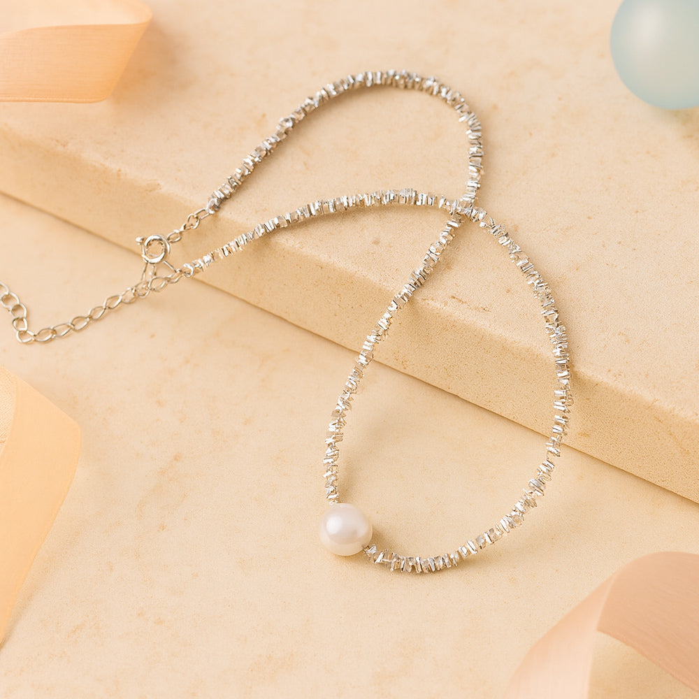 SilberGlanz Strukturkette Mit Perle - Länge 40 Cm, 925er Silber