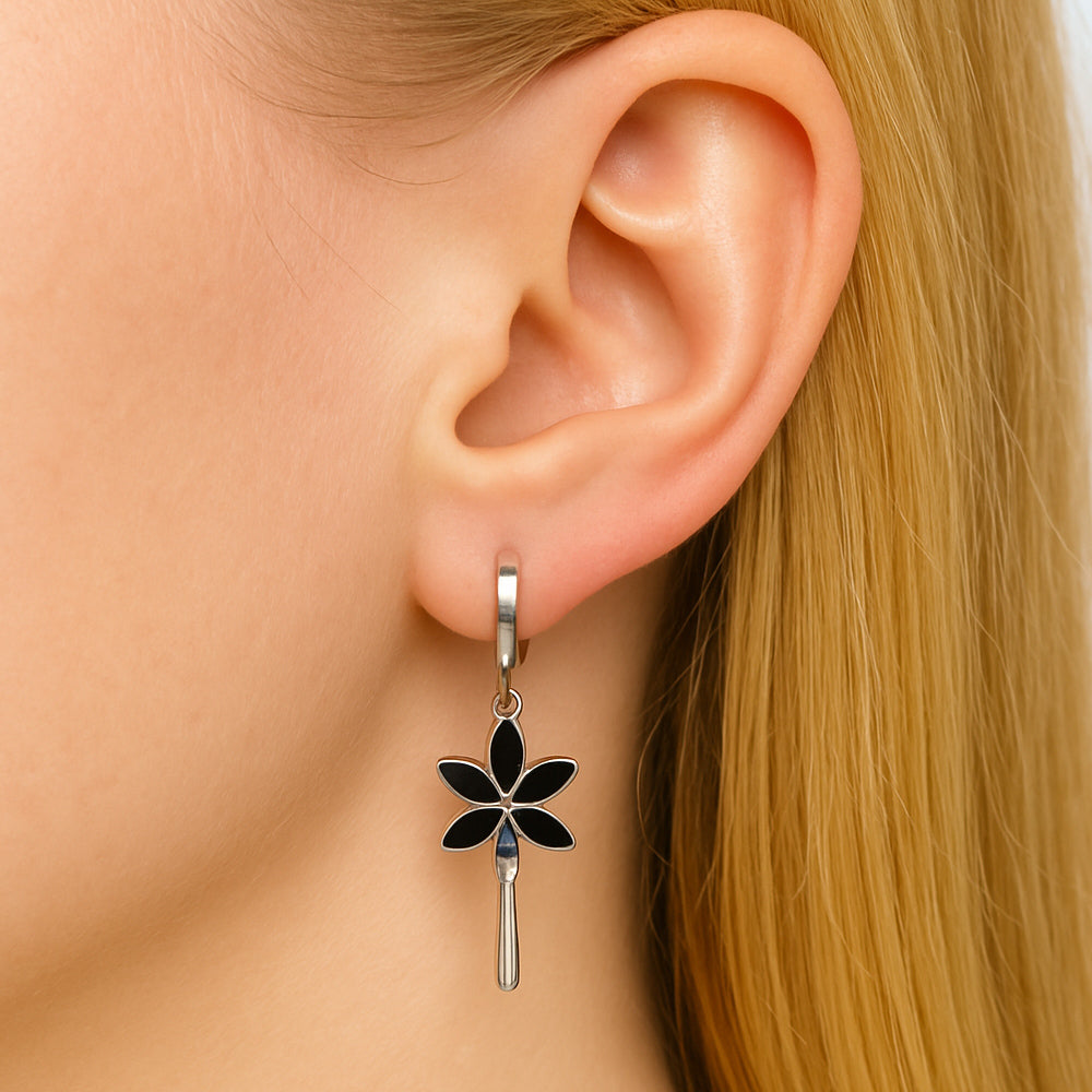 Cercei din argint 925, cercei rotunzi suspendați cu frunze negre