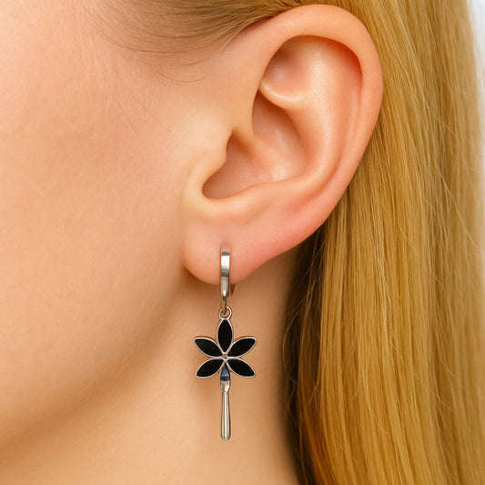 Cercei din argint 925, cercei rotunzi suspendați cu frunze negre