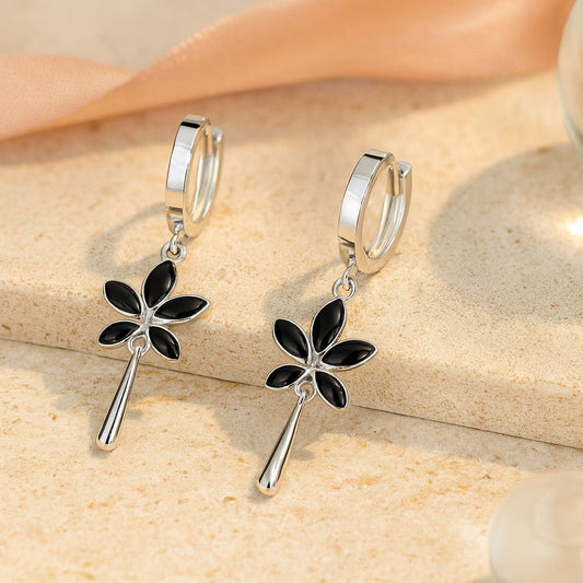 Cercei din argint 925, cercei rotunzi suspendați cu frunze negre