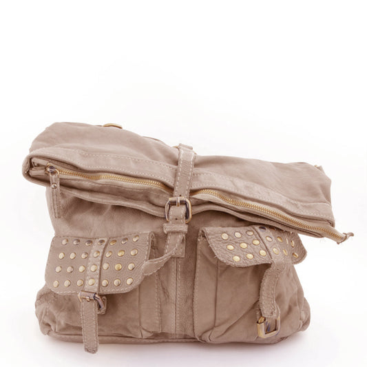 Leder Tasche mit 2 Taschen Nieten Beige