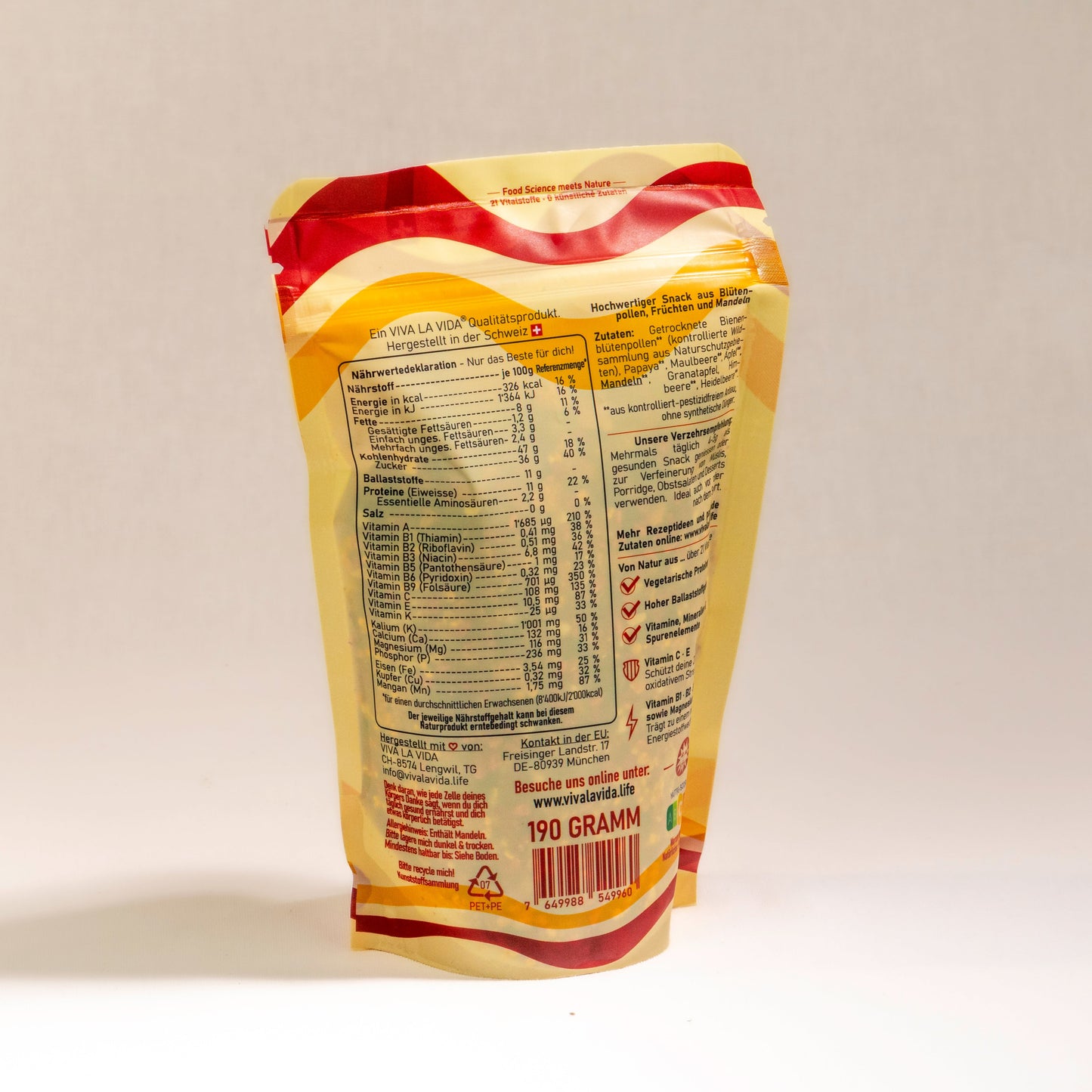 LA VIDA FlowerPower Gustare naturală cu polen de flori - Conținut 150 grame, Compact 12x6 cm, Fără aditivi