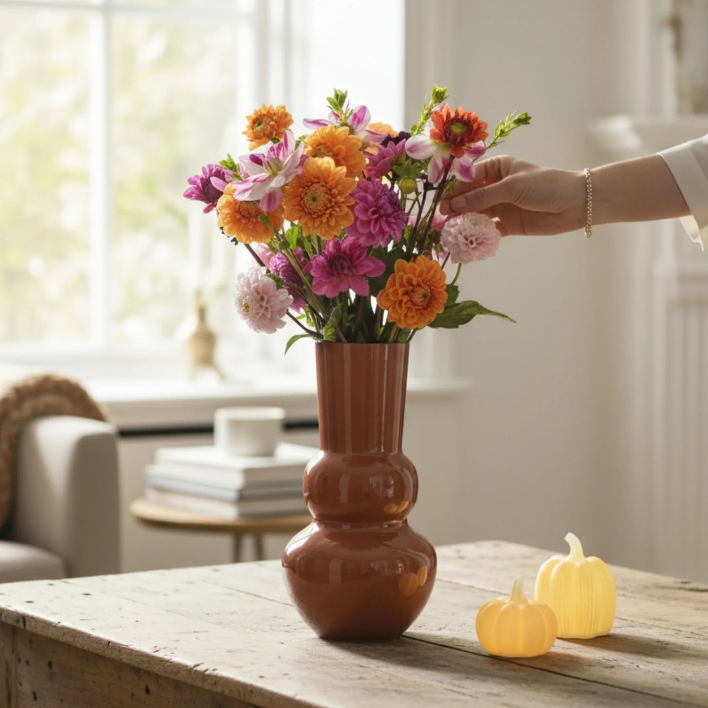 Blumenvase XXL Metallvase Beige Retro Stil - 38x25 Öffnung 14,5 cm Loch Ø6 cm