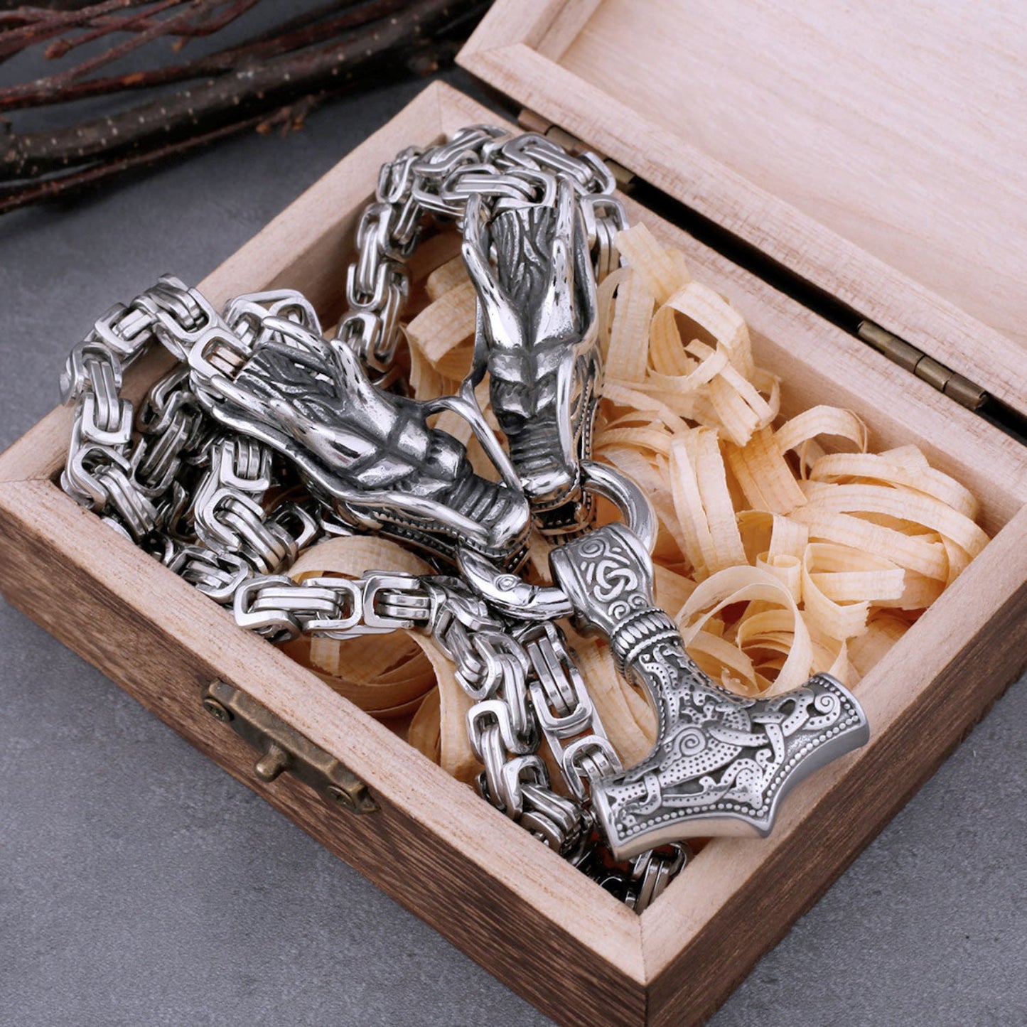 Vintage viking pendant  thor hammer amulet necklace steel dragon design