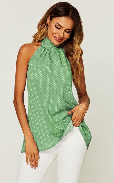 White Polka Dot Print Halter Neck Tie Back Top In Green