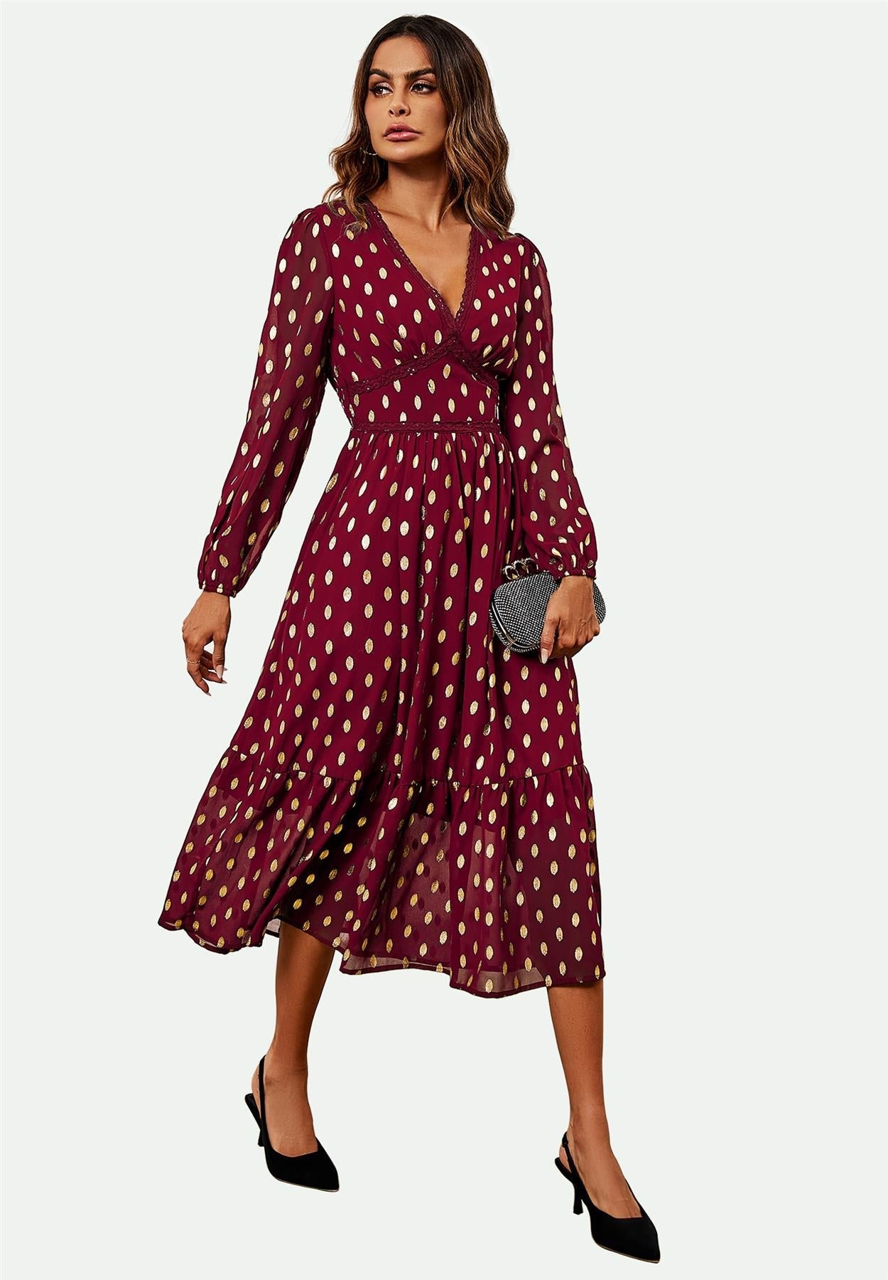 Lace Trim Foil Long Sleeve Maxi Dress In Wine
