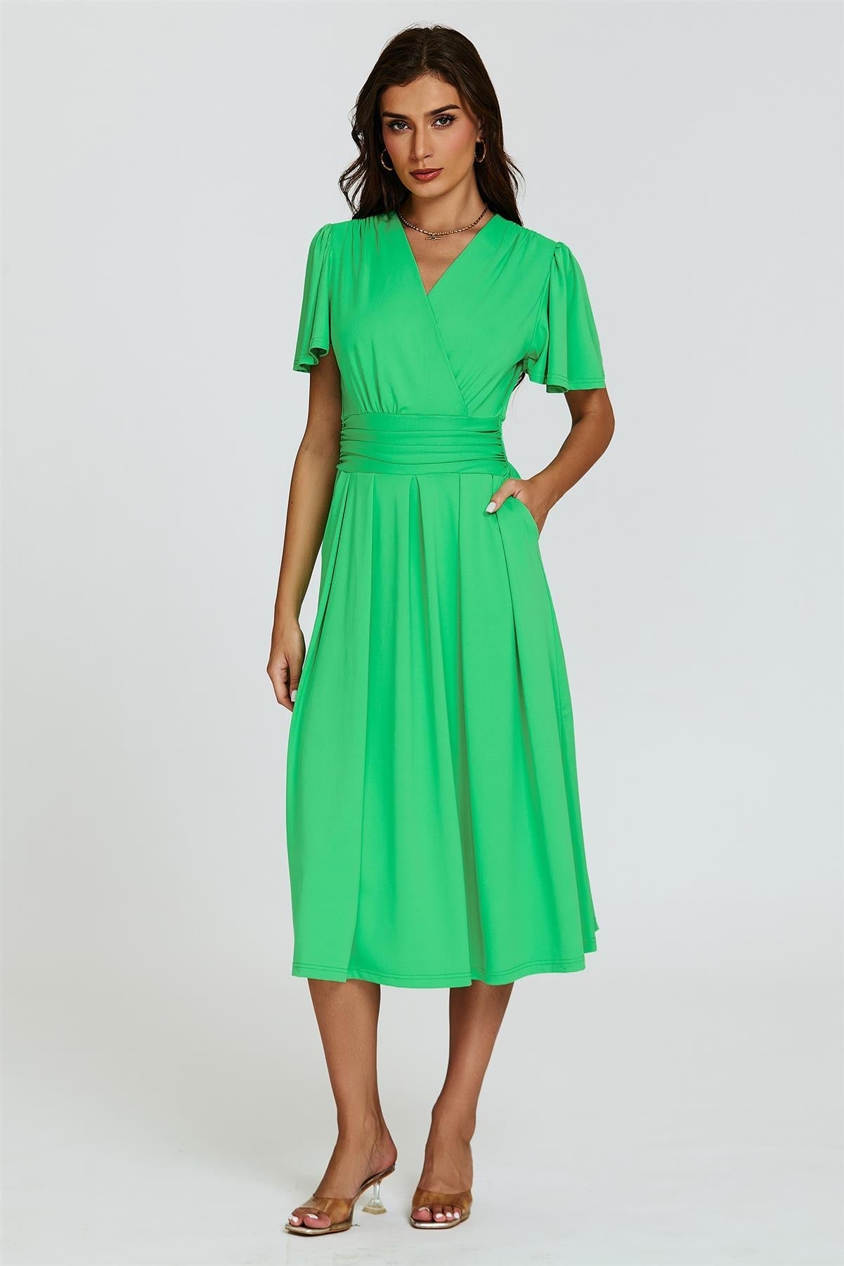Angel Sleeve Jersey Midi Dress In Green