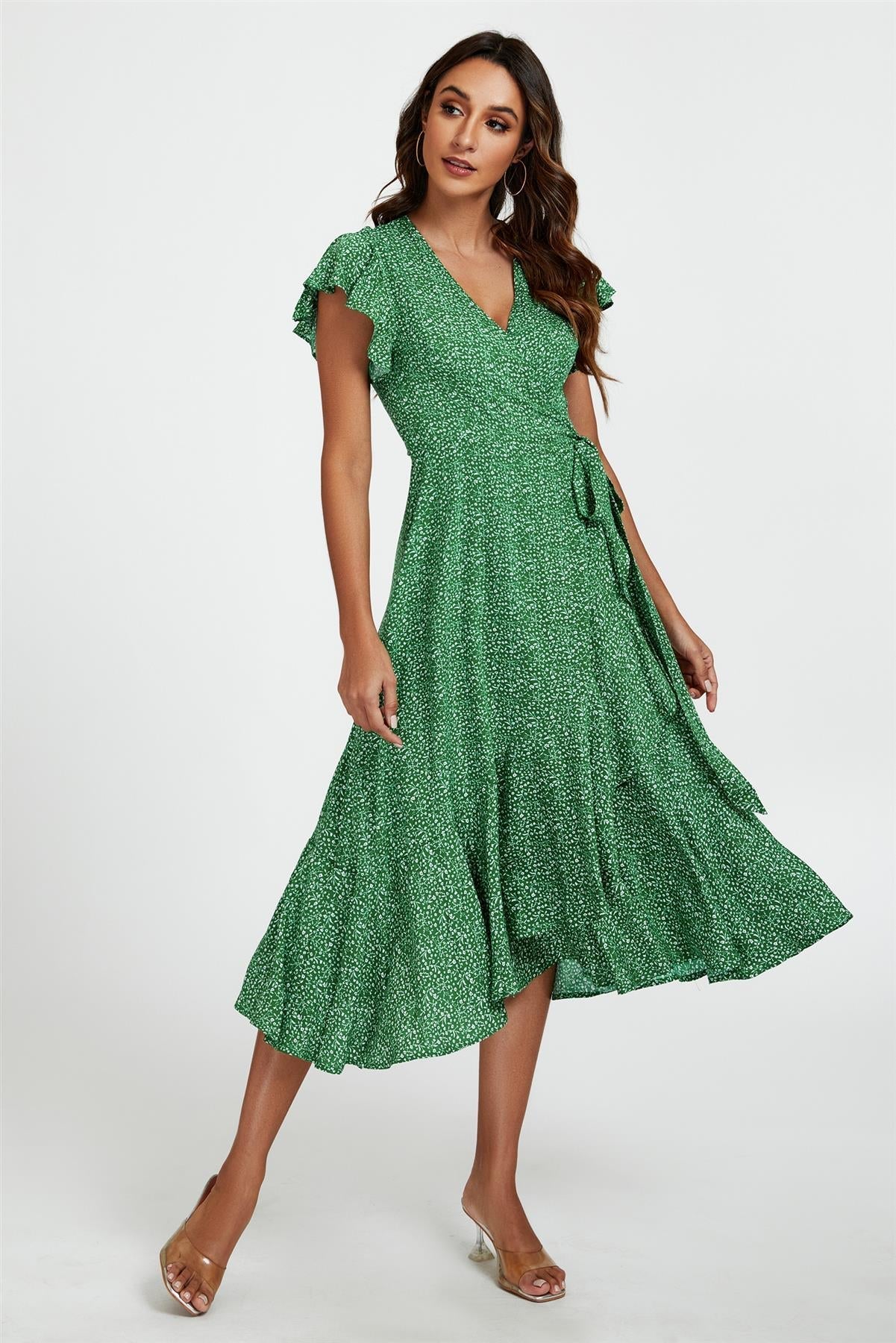 Little Floral Frill Sleeve Midi Wrap Dress In Green