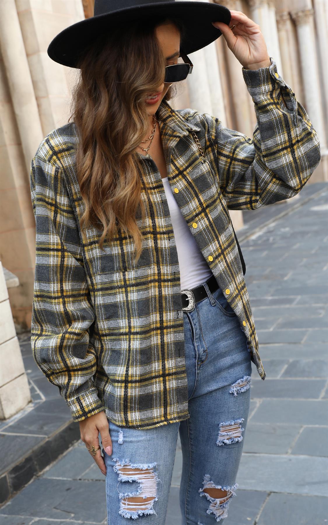 Yellow Brushed Check Oversized Pocket Detail Shacket Shirt Jacket In Grey