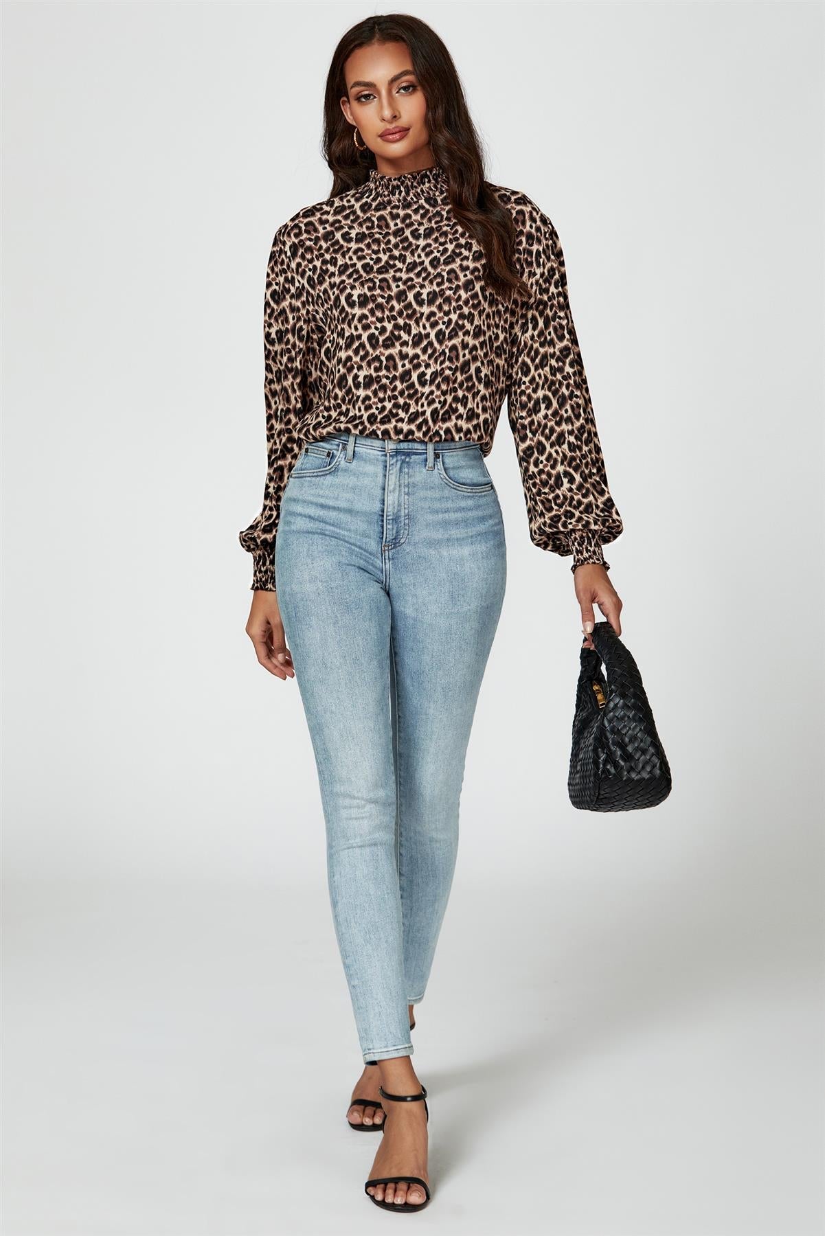 Leopard Print Long Sleeve High Neck Blouse In Brown