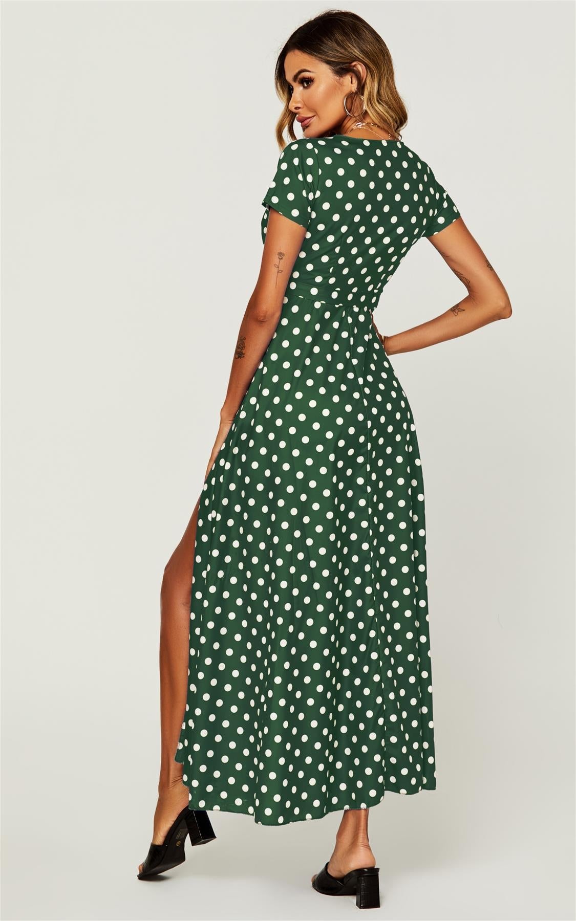 Polka Dot Print High Waist Wrap Dress In Green