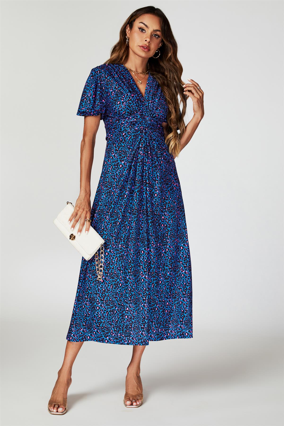 Animal Print Angel Sleeve Twist Midi Dress In Blue