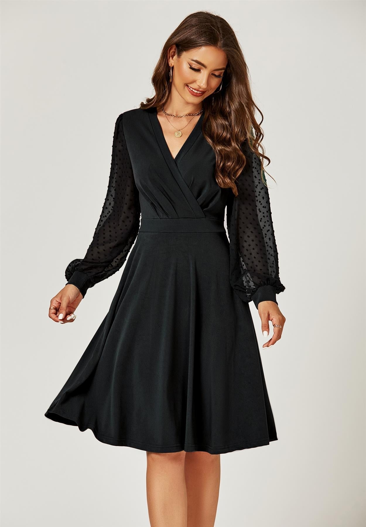 Long Chiffon Sleeve Pleated Midi Dress In Black