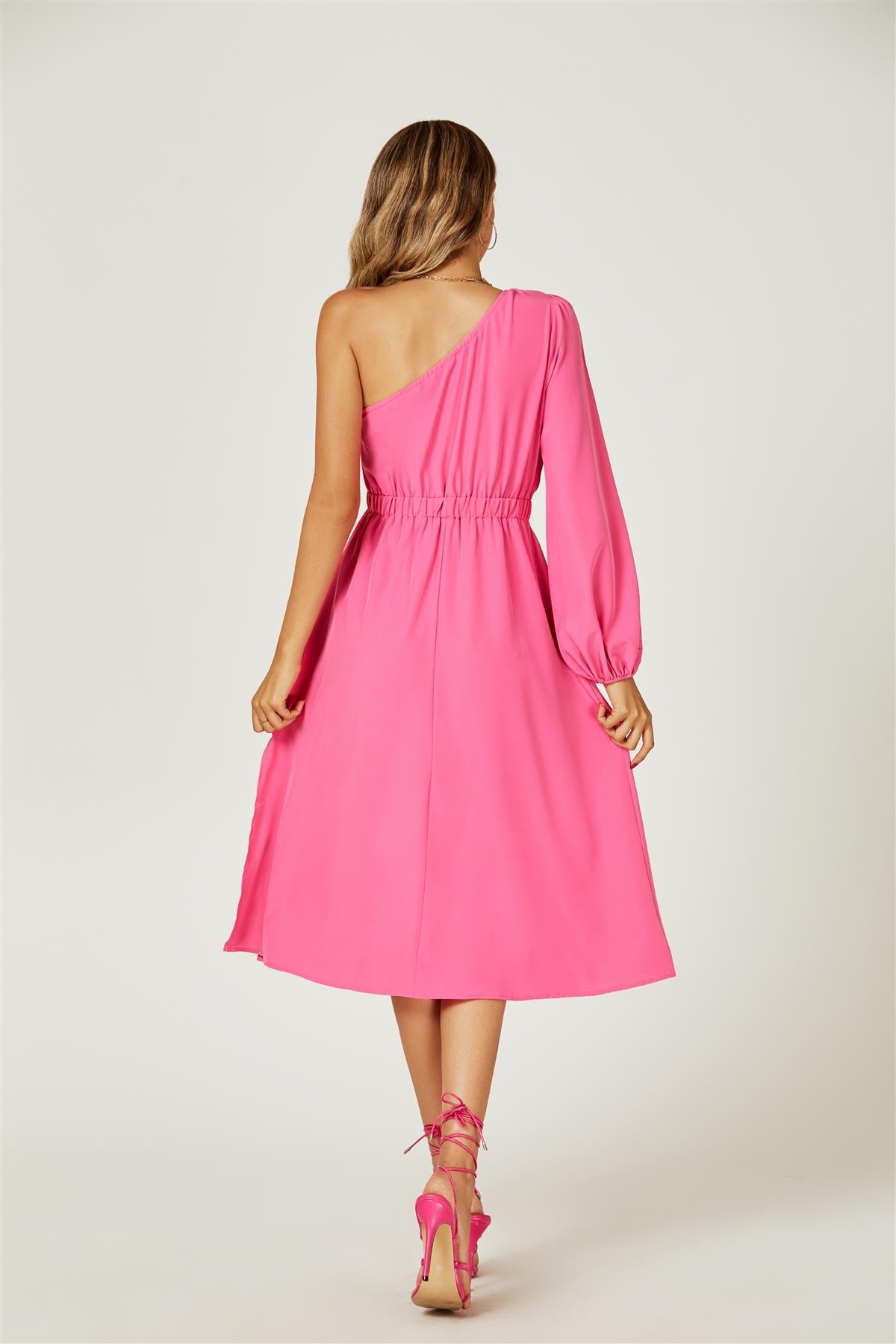 One Shoulder Split Leg Midi Dress In Fuchsia Print