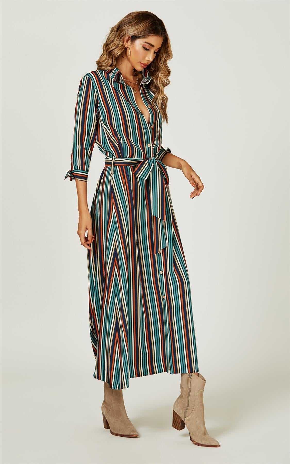 Stripe Print Maxi Shirt Dress In Navy