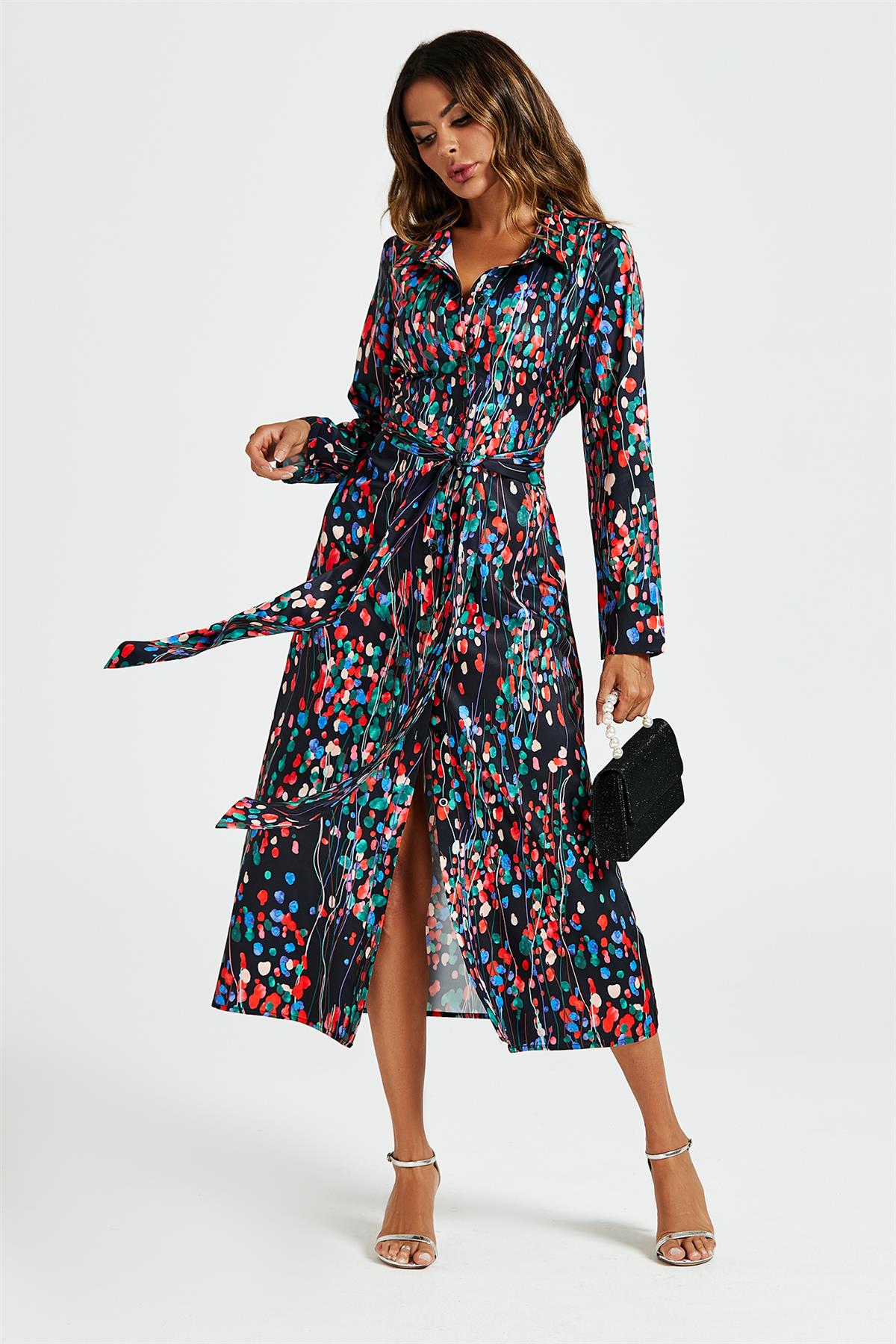 Rochie midi tip cămașă cu imprimeu floral abstract, neagră