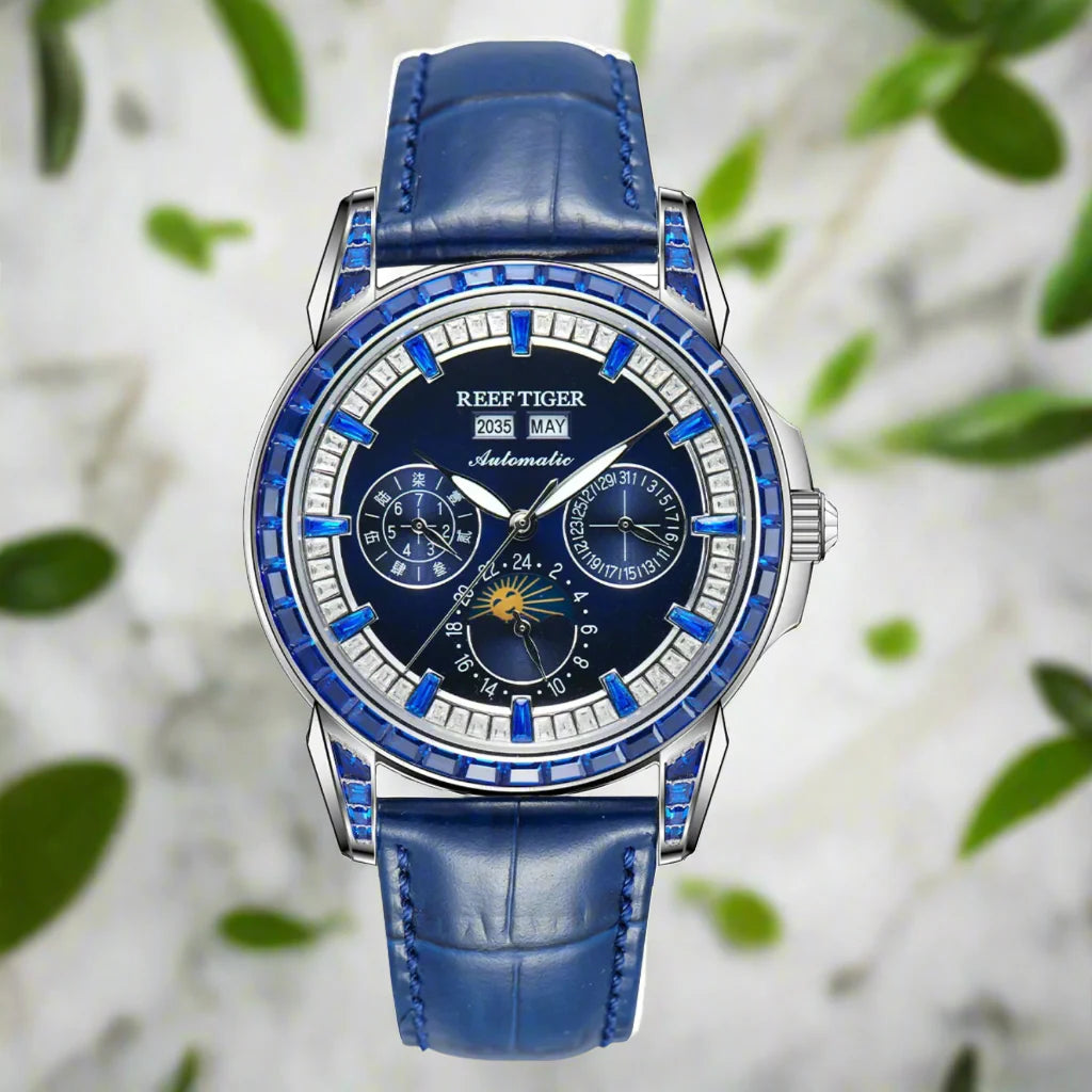 Automatic moonphase  watch by reef tiger diamonds bezel blue dial